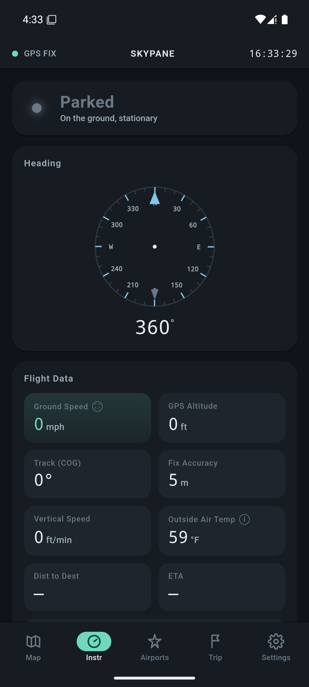 Skypane flight instruments screen with heading compass and flight data