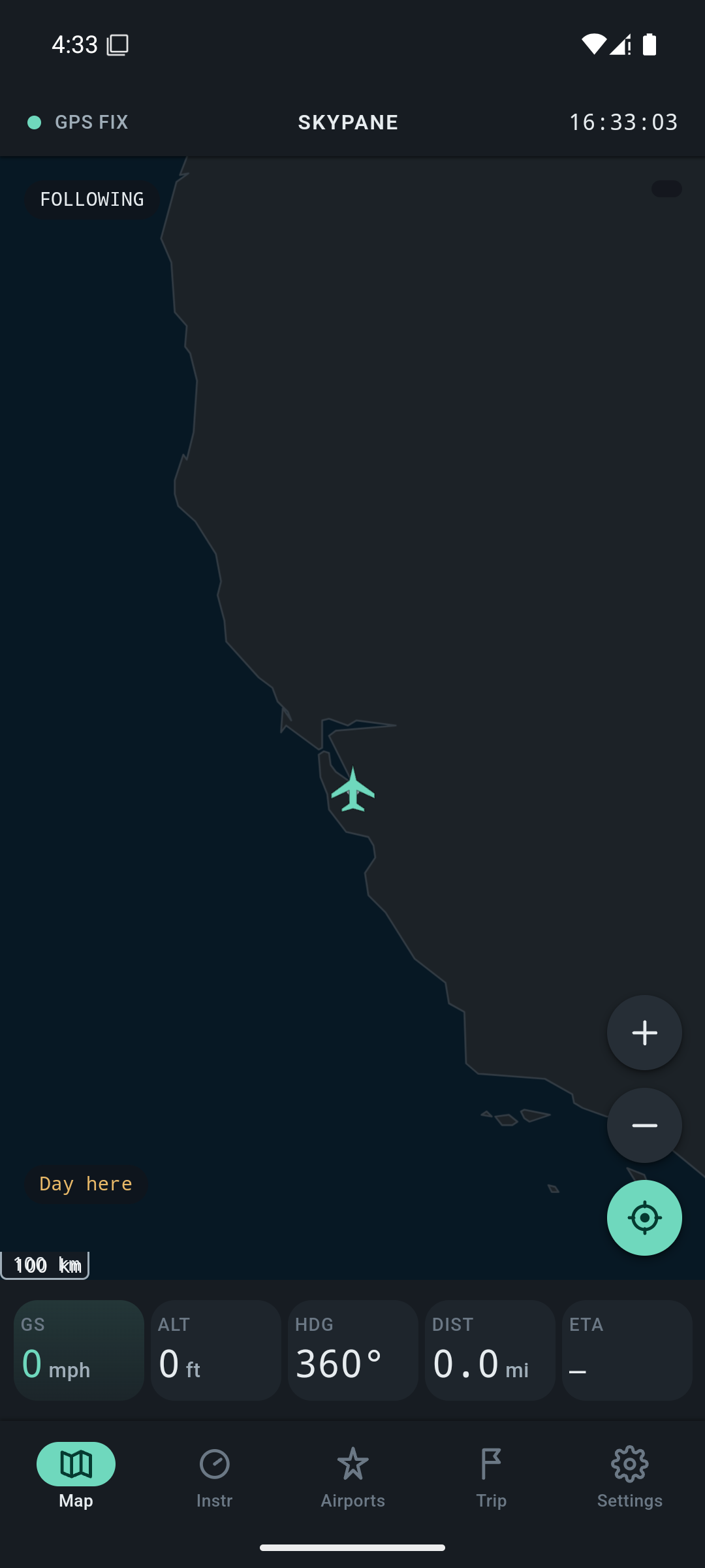 Skypane offline map screen tracking a live flight position over the coast