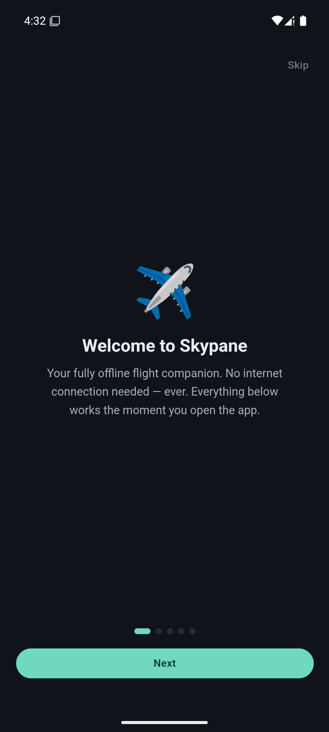 Skypane welcome screen